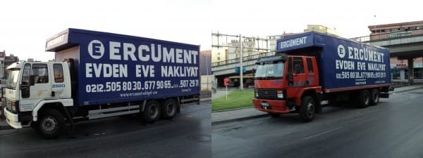 Ercüment Evden Eve Nakliyat yazılı iki adet 10 teker kapalı kasa kamyon