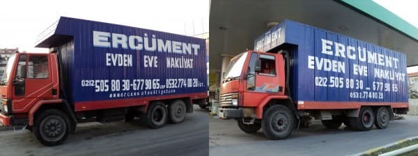 Ercüment Evden Eve Nakliyat yazılı 8 teker kapalı kasa kamyonlar